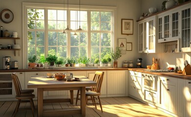 Bright and inviting kitchen with large windows and natural light in a cozy home setting