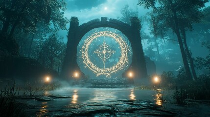 Mystical glowing portal in ancient stone archway within a dark forest at night.