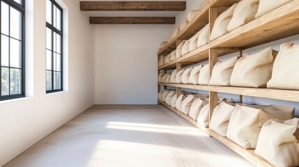 Organized storage room with burlap bags minimalist interior modern design bright natural light serene atmosphere