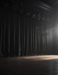 Darkened theater with black curtain and shadows, silence falls, somber tone