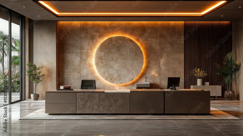 Poster a modern office reception area with sleek furniture and an illuminated circular feature.