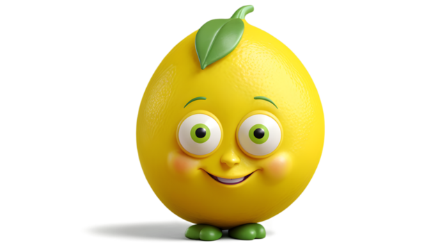 Cute cartoon lemon character with a smiling face, big eyes, and small legs.