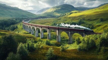 Fototapeta premium A high-speed train racing across an elevated bridge, with lush green fields and rolling hills surrounding the tracks below