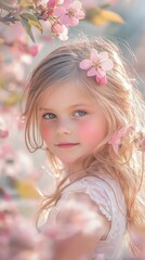 Fototapeta premium Young girl with flower in hair stands among blooming cherry blossom trees during springtime