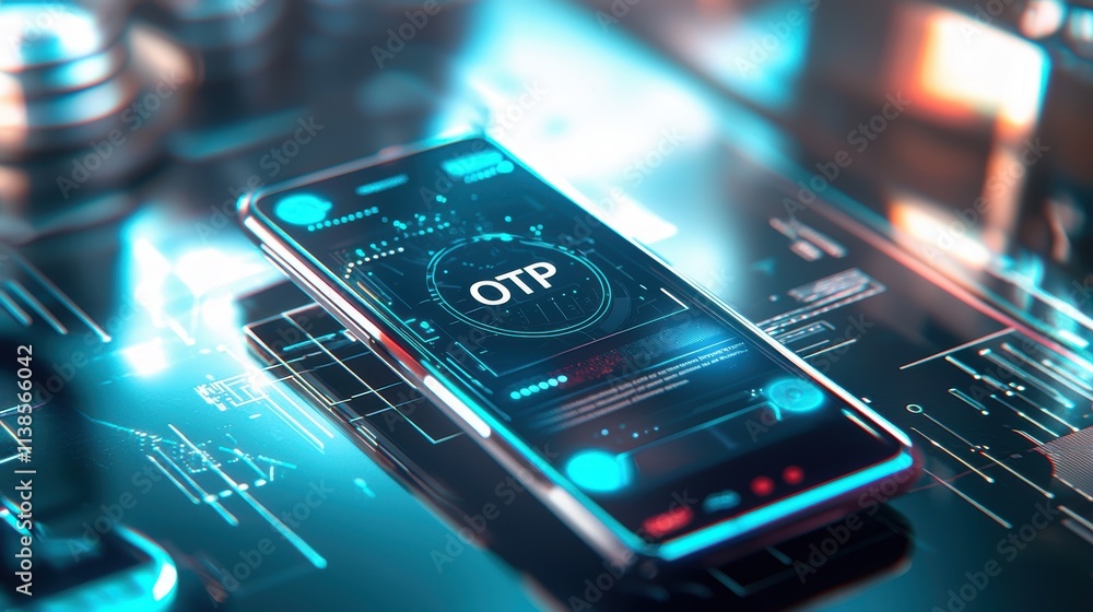 Poster secure otp generation for mobile devices technology hub digital interface futuristic setting close-u