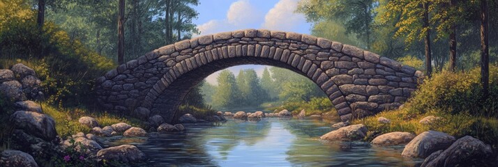 Fototapeta premium Historic Stone Bridge Over Tranquil River in Lush Irish Landscape Surrounded by Trees and Sky