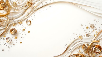 Luxurious corner design with metallic decorations, gold confetti, and ribbon curls on a white background