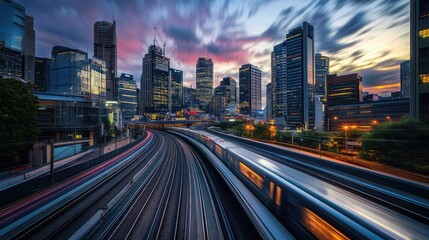A high-speed train racing past a city skyline at dusk, with the buildings illuminated and the sky transitioning to twilight shades