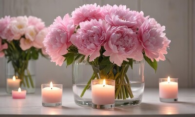 Delicate peonies and hydrangeas in a clear glass container filled with soft pink candles, whimsical decor, romantic ambiance
