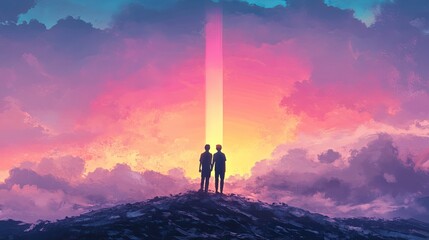Two figures standing on a hill gazing at a vibrant sunset with colorful clouds and beams of light illuminating the horizon