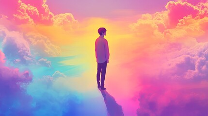 Person stands in a vibrant dreamlike landscape filled with colorful clouds at sunset, evoking a sense of wonder and tranquility
