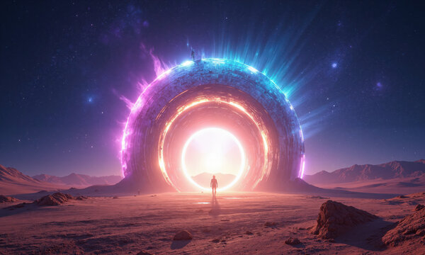 glowing stargate in the middle of an alien desert, swirling with energy, a lone figure stepping through, vibrant colors