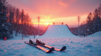 Skis on a Snowy Slope at Sunset, Generative Ai