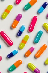 Colorful capsules scattered on a flat surface in a creative arrangement