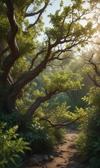 Dense thicket of bushes with twisted branches, rugged, blurred, foliage