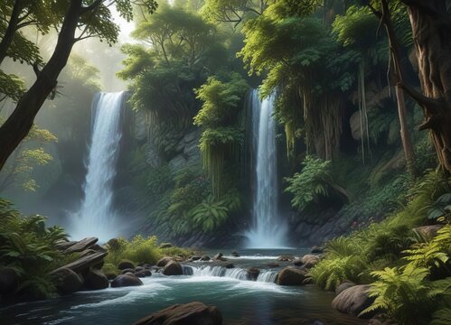 Dense thicket of tilo trees surrounding a cascading waterfall, thicket, tree