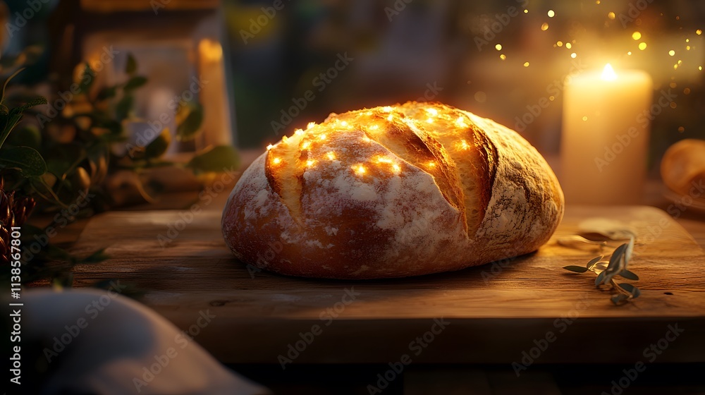 Poster freshly baked bread with twinkling lights in a cozy setting, warm candle, and natural elements creat