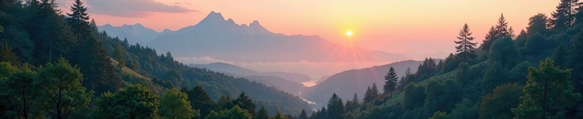 Obraz premium Dew-kissed forest at dawn amidst misty mountain peaks, landscape, nature