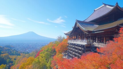 Fototapeta premium Scenic View of Temple with Mount Fuji and Autumn Foliage in Japan