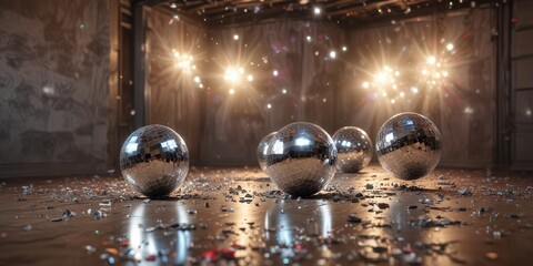 Disco ball fragments scattered across a dusty room floor, abandoned disco, shattered disco, forgotten party