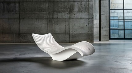 Sleek Modern Lounge Chair in Minimalist Interior Space Highlighting Curved Design, Smooth Surface, and Architectural Elements for Contemporary Decor
