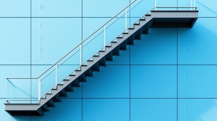 Modern Architectural Staircase Against a Blue Wall Showcasing Clean Lines and Contemporary Design in an Urban Environment