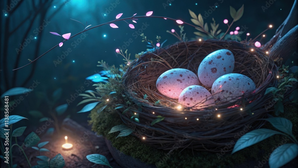 Aufkleber glowing speckled eggs resting in a moss adorned nest, illuminated by a soft candlelight, create a ma
