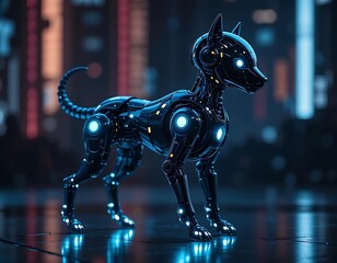A futuristic robotic pet silhouette with glowing details
