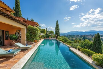 Obraz premium Stylish Villa with Scenic Pool and Lush Garden: A Luxurious Retreat in Modern Architecture