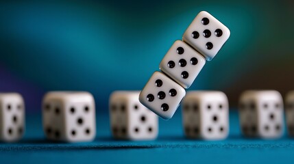 Dynamic Action of Falling Dice Captured in Motion Against a Colorful Background, Showcasing the Excitement of Games of Chance and Strategy