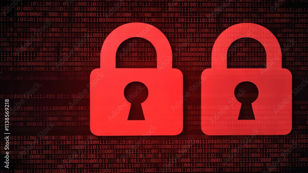 Poster digital security concept with red padlocks on matrix background representing data protection