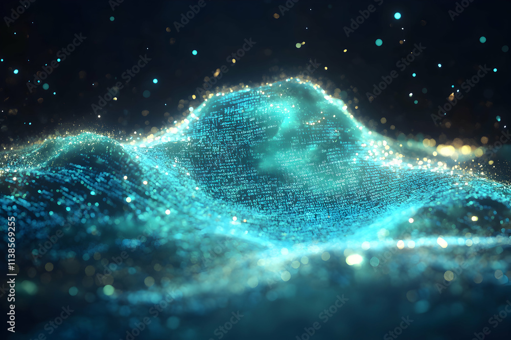 Poster abstract digital landscape with glowing cubes and lines, representing data flow and futuristic techn