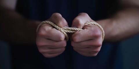 Close-up of hands tied with rope highlights themes of captivity, struggle, and constraint in dramatic lighting.