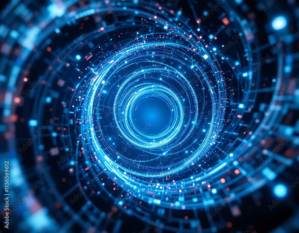 Poster a glowing tech spiral creating an abstract silhouette of a vortex