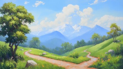 Obraz premium Serene Landscape with Mountain View, Pathway, Trees, and Blue Sky