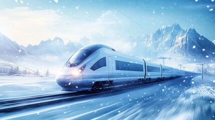 Naklejka premium A high-speed train slicing through a frozen landscape, with snow-covered mountains in the distance and snowflakes falling steadily from the sky