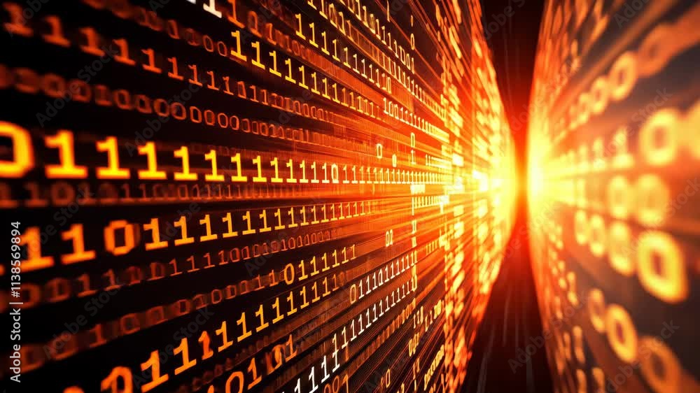 Poster Dynamic Digital Flow with Binary Numbers and Bright Light in an Abstract Background