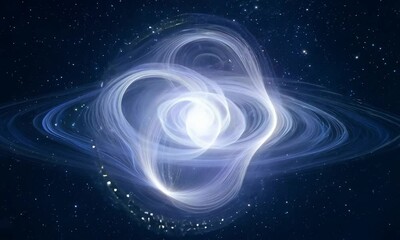 A glowing white nebula in a deep space with starry background.