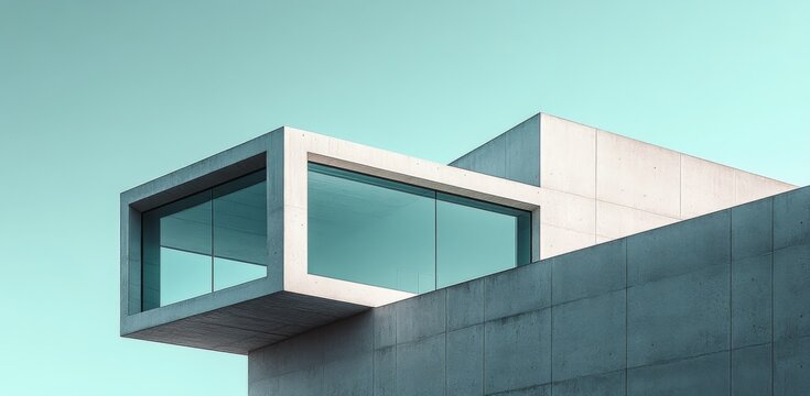 Modern concrete building with glass balcony overlooking serene sky at twilight
