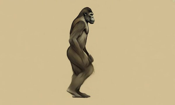 A hairy hominid walks on a light brown background in a side profile view.