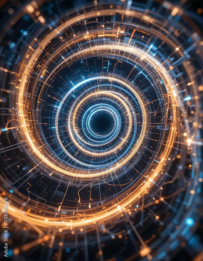 Poster a glowing tech spiral creating an abstract silhouette of a vortex