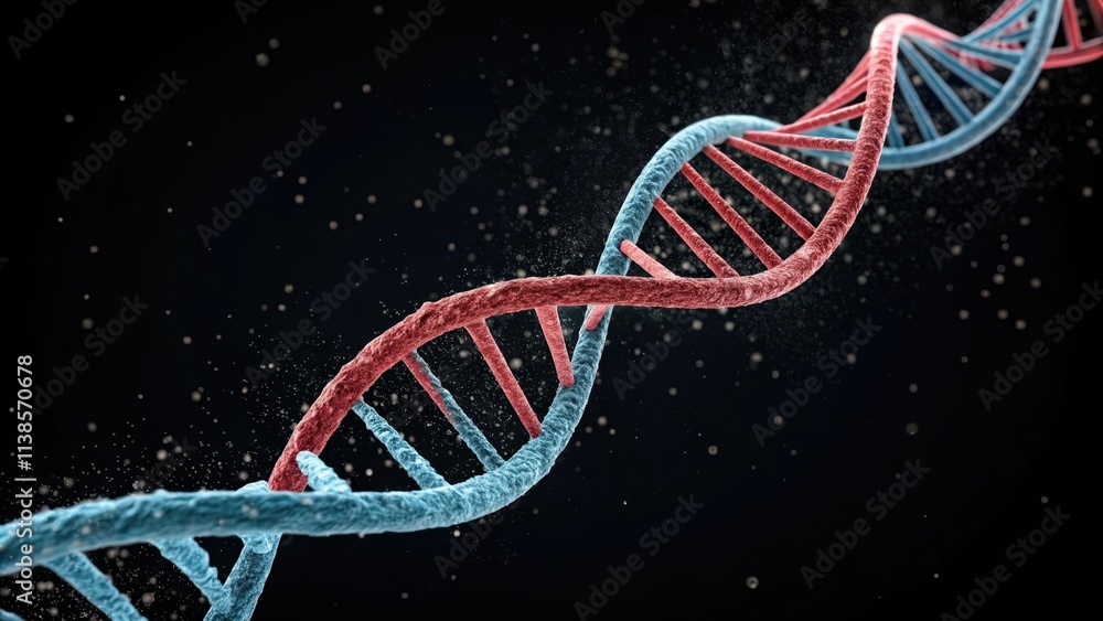 Poster colorful dna double helix rotating on a black background with particles, representing genetic code, 