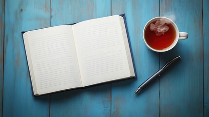 Cozy Desk Scene with Notebook and Steaming Tea