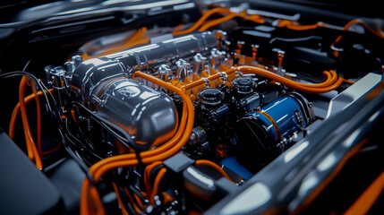 Electric Vehicle Engine with Visible Orange Cables and Battery Cells