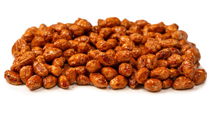 Tasty sweet roasted peanuts isolated on a white background.