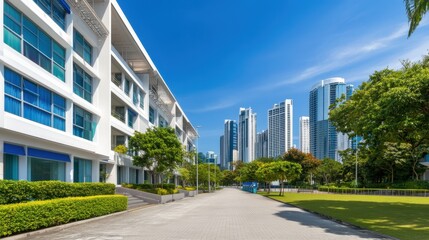 Fototapeta premium Modern Urban Landscape with Skyscrapers and Clear Blue Sky