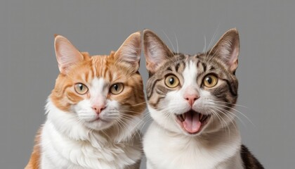 Portrait of two happy cats looking at camera together isolated on white background, great pet friendliness.