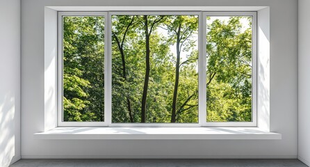 Sunlight streaming through modern window showcasing misty landscape in serene environment