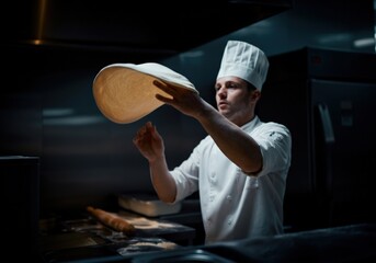 Pizza Chef Tossing Dough in Restaurant Kitchen