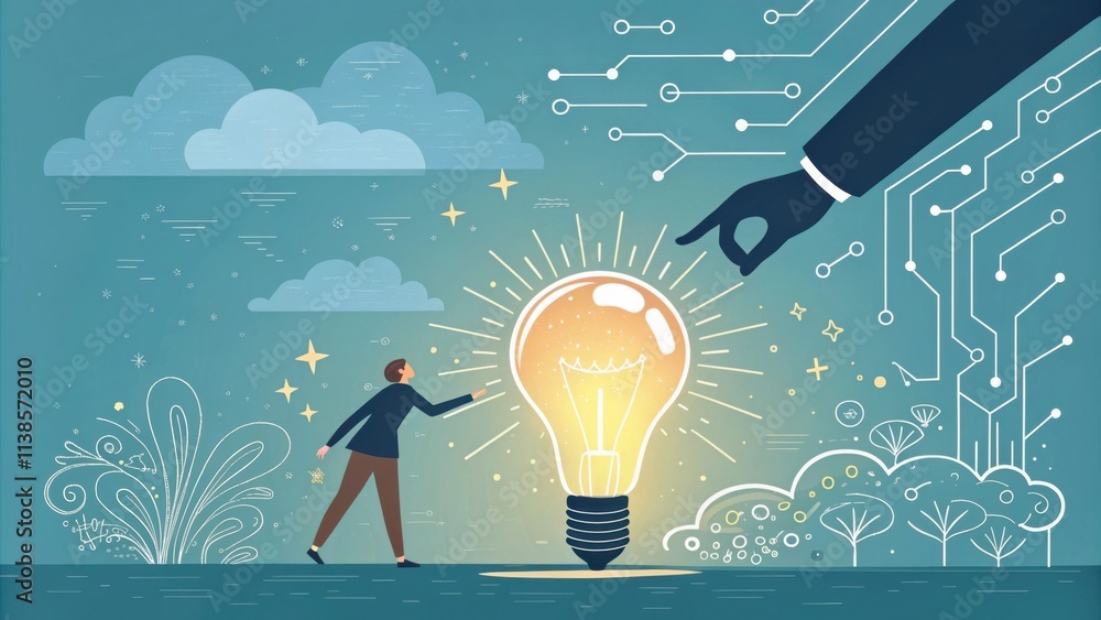 Poster large hand pointing at a bright light bulb representing a new idea that a manager is helping an empl